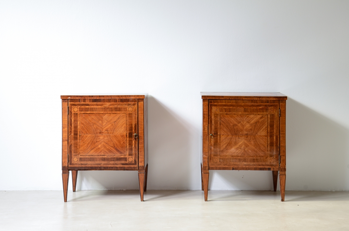Pair of elegant small cabinets, Italian manufacture, inlaid with fine woods. Louis XVI period, circa 1780–90.