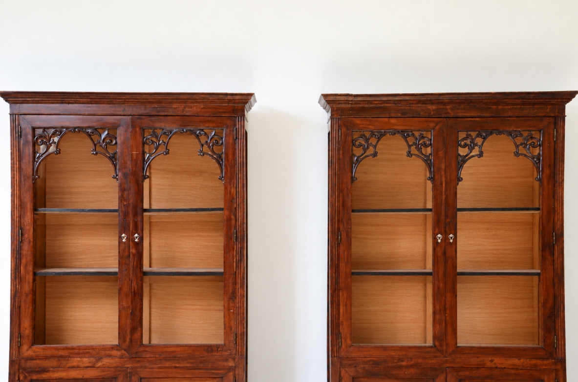Rare Pair of Carved Walnut Glazed Bookcases, Naples, Charles X Period, circa 1830