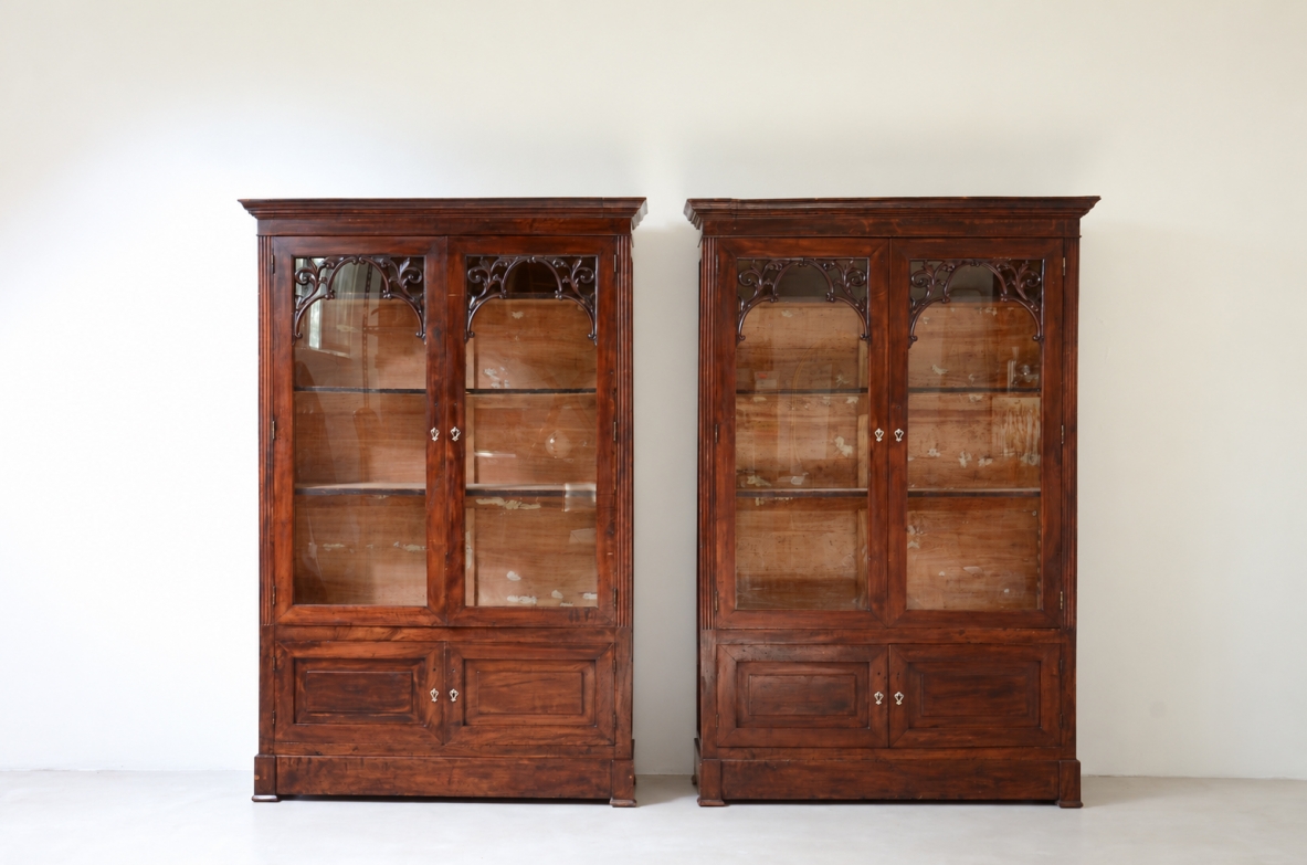 Rare Pair of Carved Walnut Glazed Bookcases, Naples, Charles X Period, circa 1830