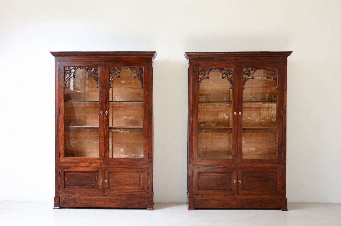 Rare Pair of Carved Walnut Glazed Bookcases, Naples, Charles X Period, circa 1830