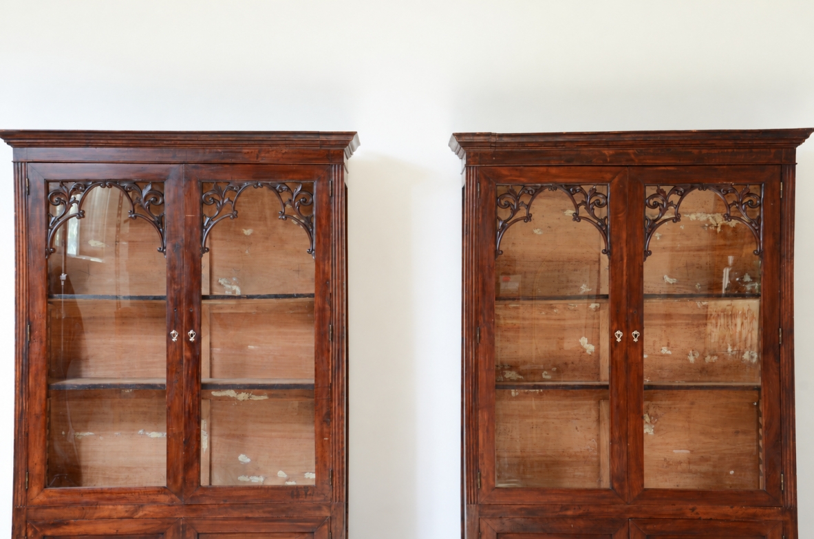 Rare Pair of Carved Walnut Glazed Bookcases, Naples, Charles X Period, circa 1830
