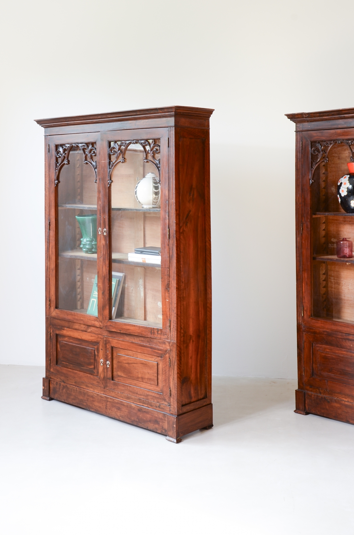 Rare Pair of Carved Walnut Glazed Bookcases, Naples, Charles X Period, circa 1830