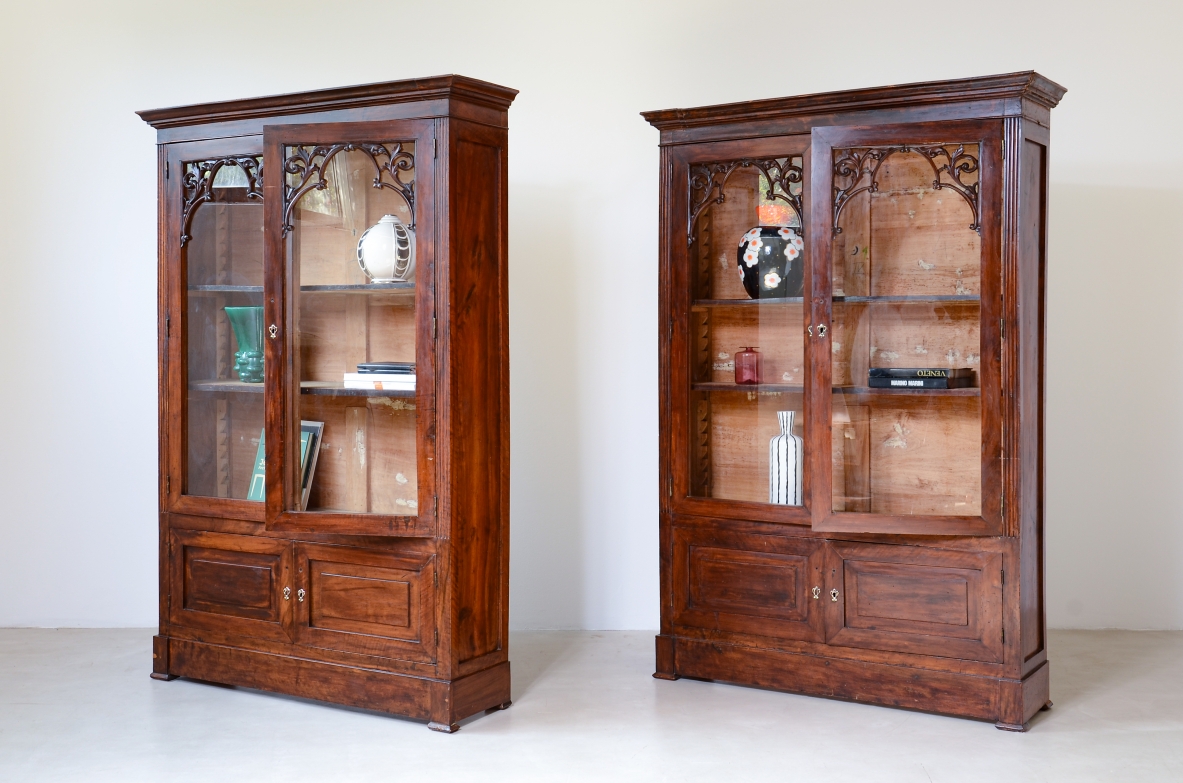 Rare Pair of Carved Walnut Glazed Bookcases, Naples, Charles X Period, circa 1830