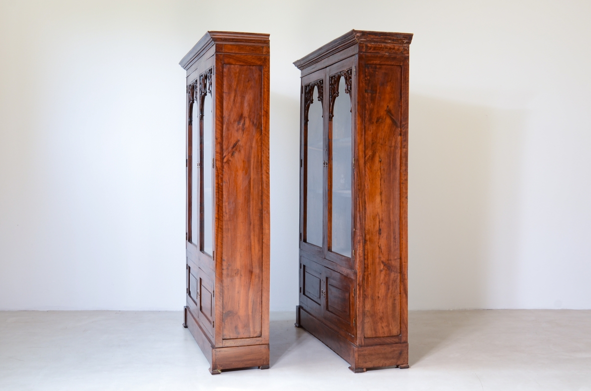 Rare Pair of Carved Walnut Glazed Bookcases, Naples, Charles X Period, circa 1830