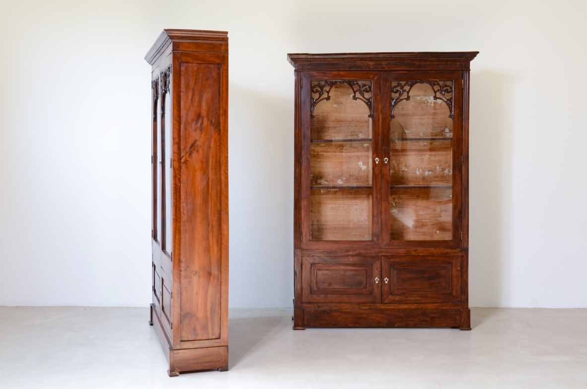 Rare Pair of Carved Walnut Glazed Bookcases, Naples, Charles X Period, circa 1830