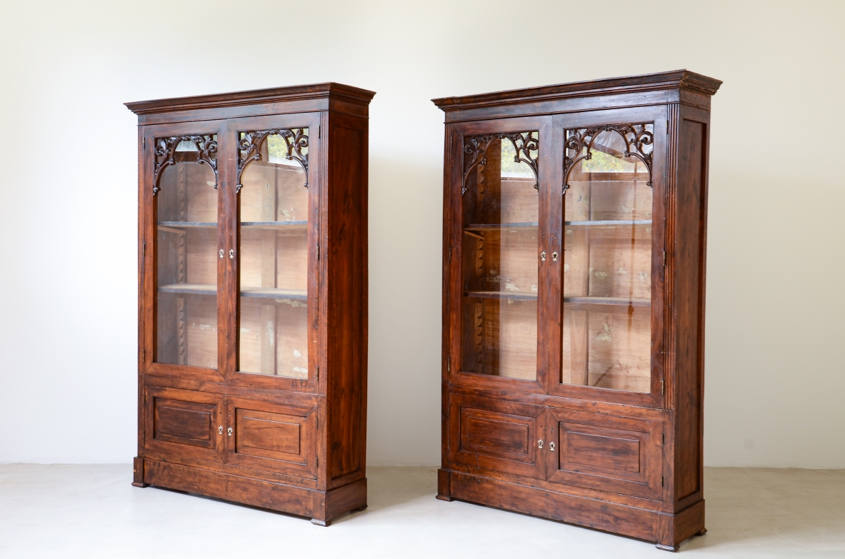 Rare Pair of Carved Walnut Glazed Bookcases, Naples, Charles X Period, circa 1830