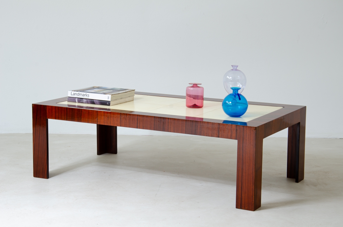 Very elegant Art Deco low table in rosewood with goat skin top.  France 1930's.