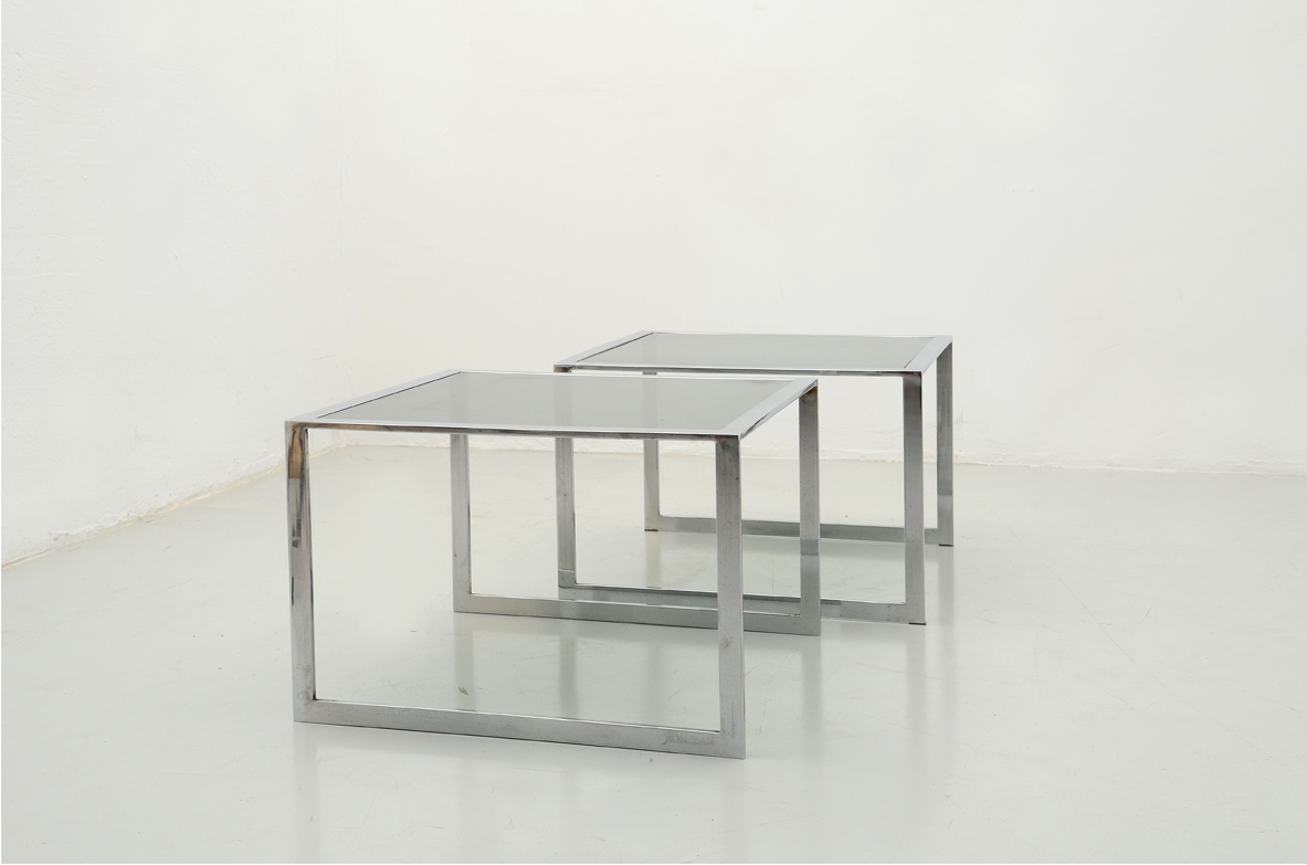 Luigi Caccia Dominioni, coppia di tavolini in metallo cromato produzione Azucena 1970ca.