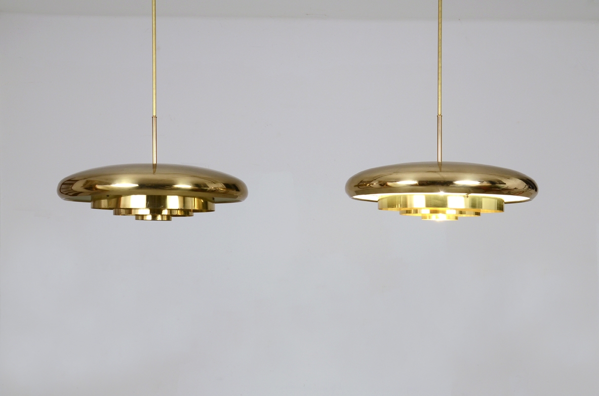 Rare pair of 1960's ceiling lamps in brass, Bergoms, Sweden.