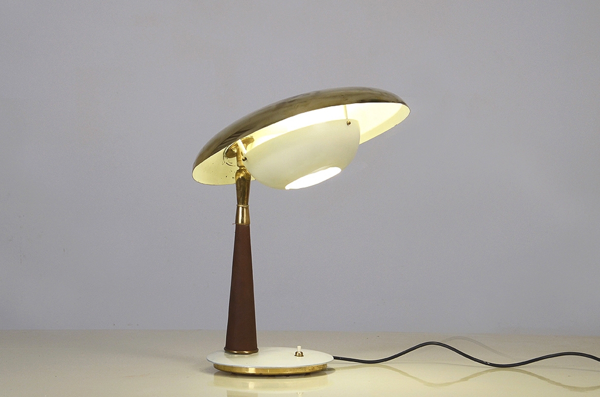 Angelo Lelli, table lamp with leather stem and painted metal, 1956. Bibl. Arredoluce catalogo ragionato, Anty Pansera.pag 171