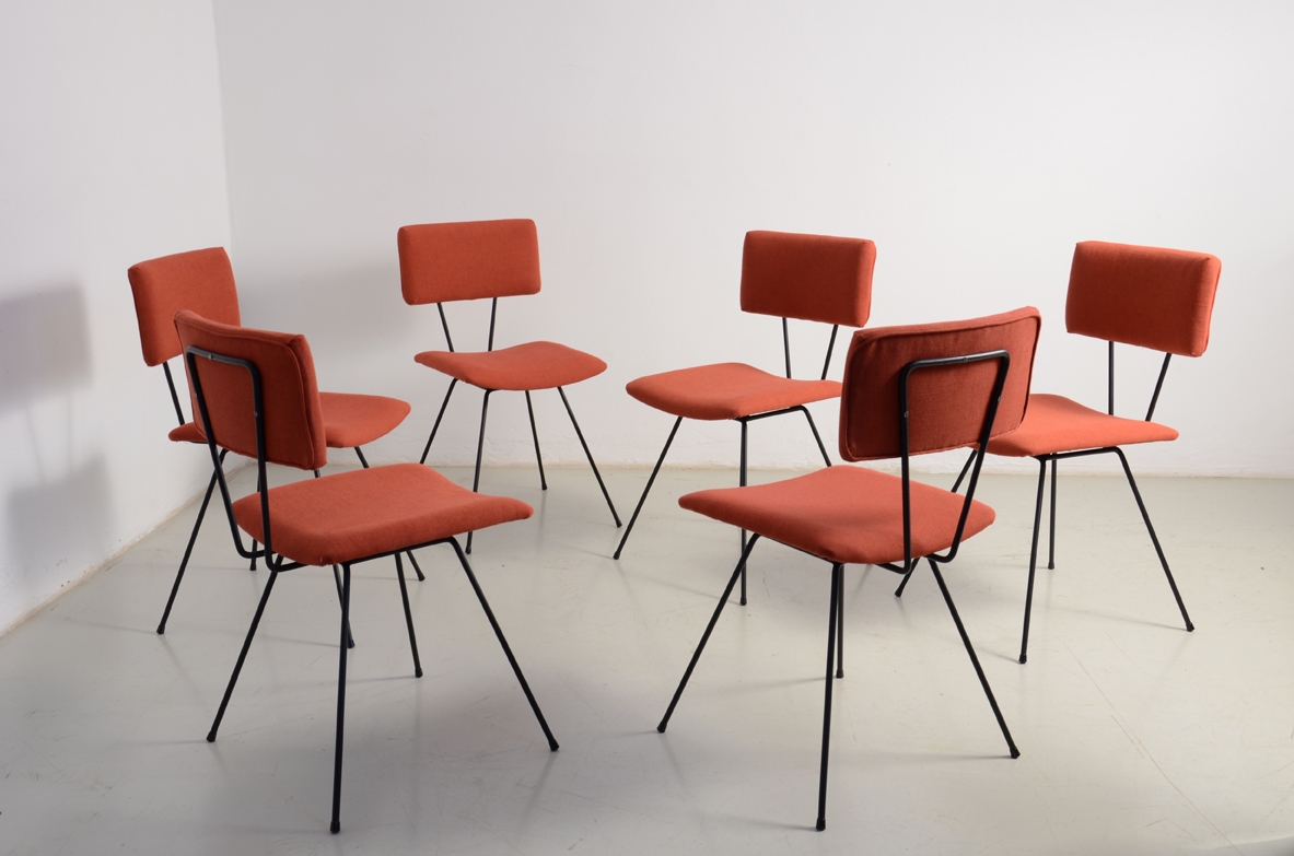 Augusto Bozzi, gruppo di sei sedie con struttura in ferro smaltato