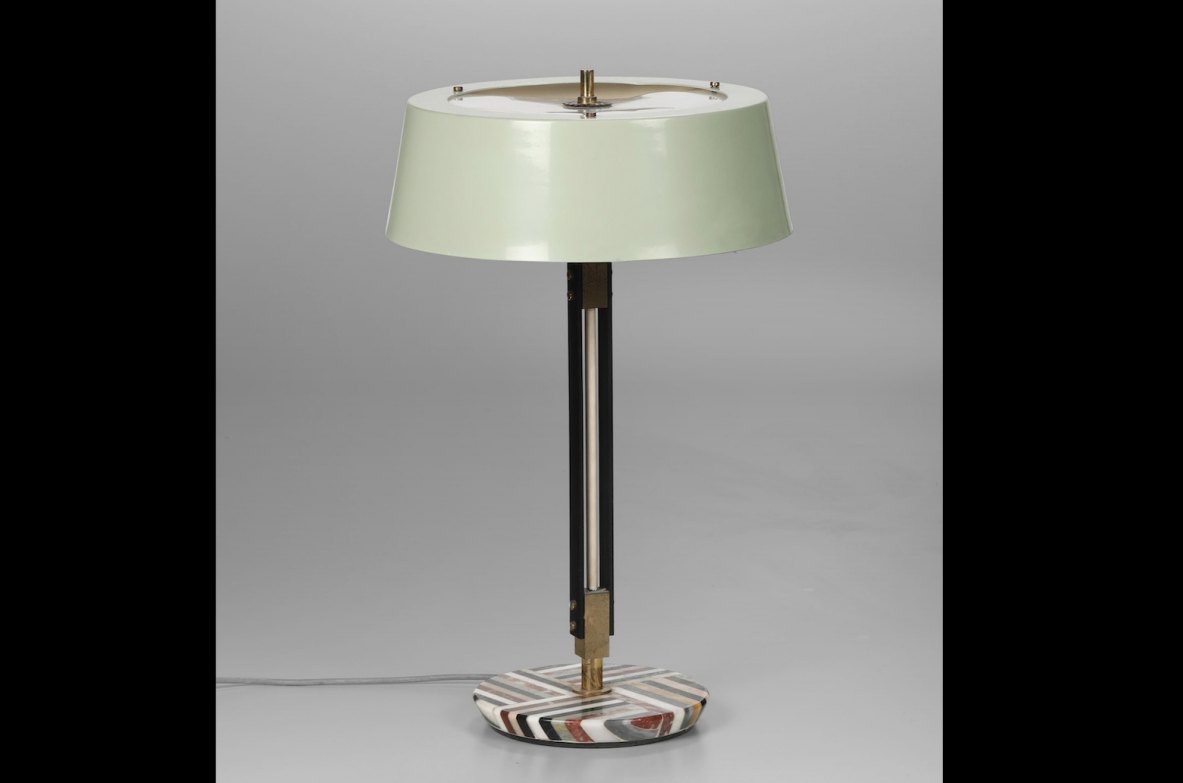 Stilnovo, original table lamp with structure in brass and lacquered metal, marble base.