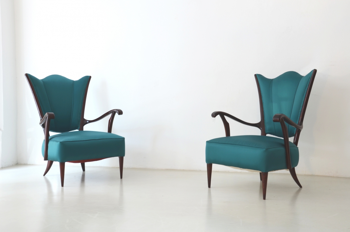 Pair of elegant walnut armchairs upholstered in satin fabric, Italy 1950ca.