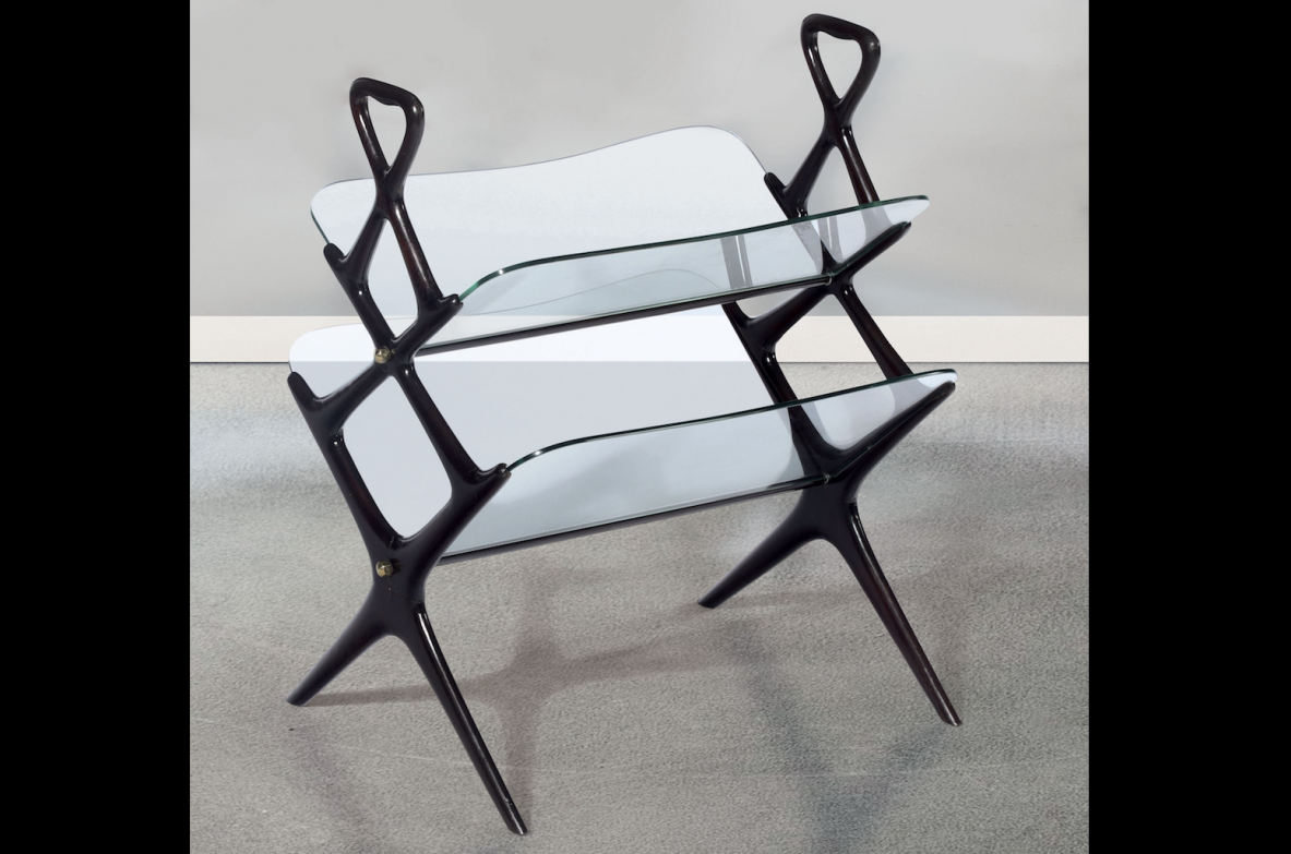 Cesare Lacca, elegant magazine rack with wooden frame and beveled glass tops.