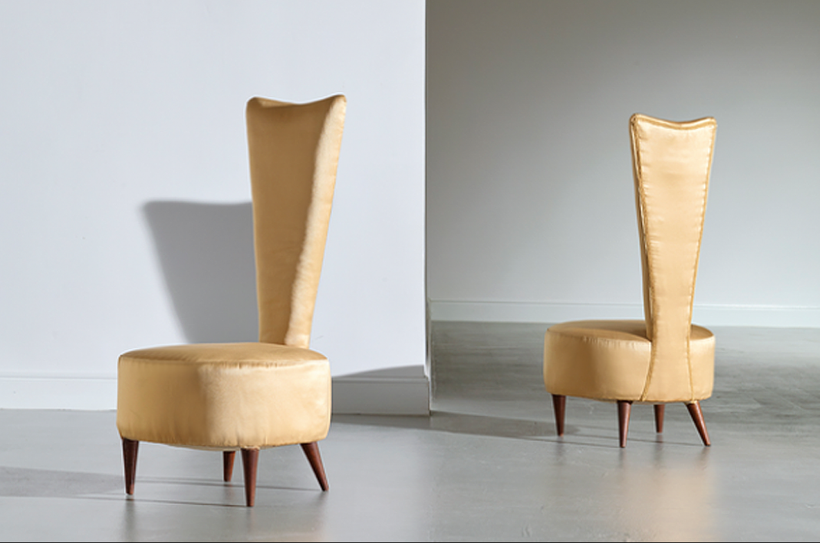 Cesare Lacca. Pair of very rare 1950's italian, padded in satin, chairs.