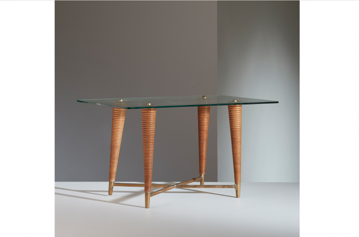 Melchiorre Bega, rare coffee table with legs made of turned wood and brass cross, crystal top