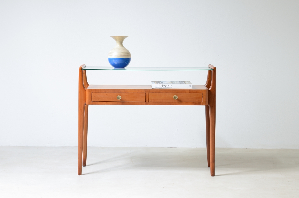 Italian manufacture, cherry wood console with two drawers and glass top.