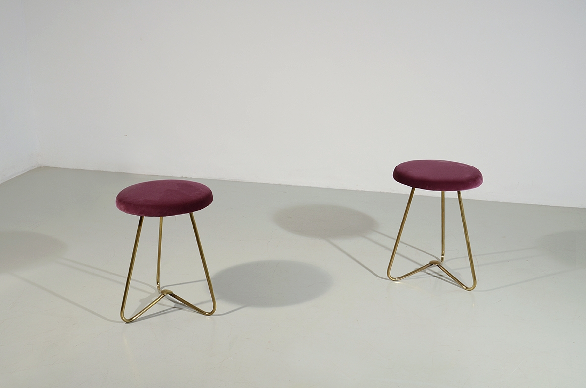Pair of small stools in brass with upholstered seat, Italy 1950's.