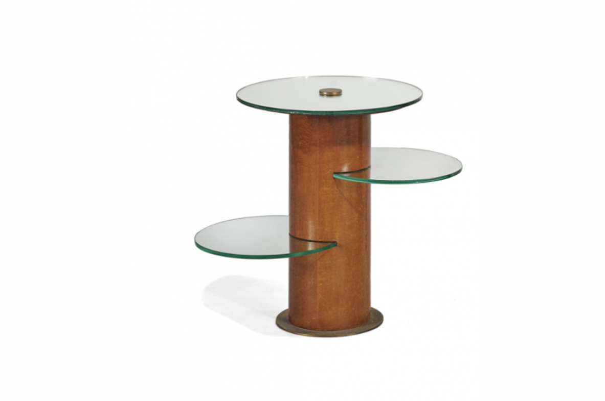 Pair of vintage small tables in wooden and mirrored glass, 1930s.