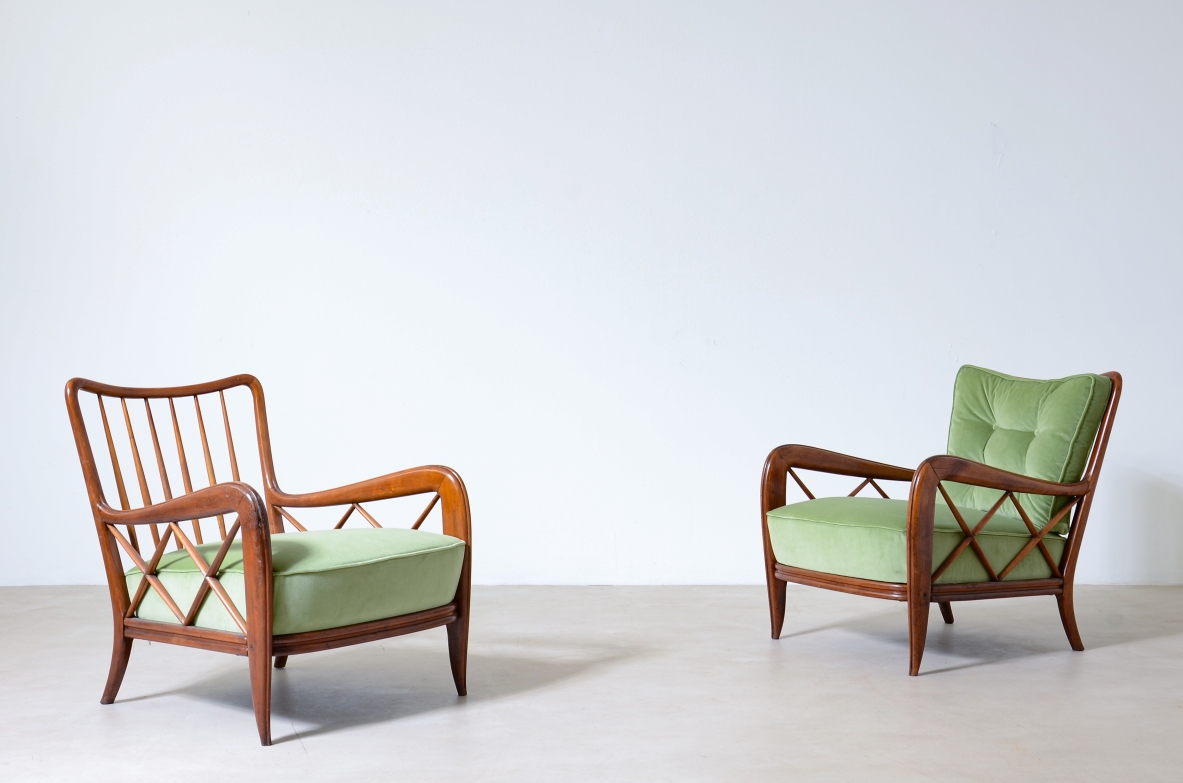 Paolo Buffa,  Pair of cherrywood armchairs with upholstered seat and cushion on the back.  Italian manufacture, around 1935.