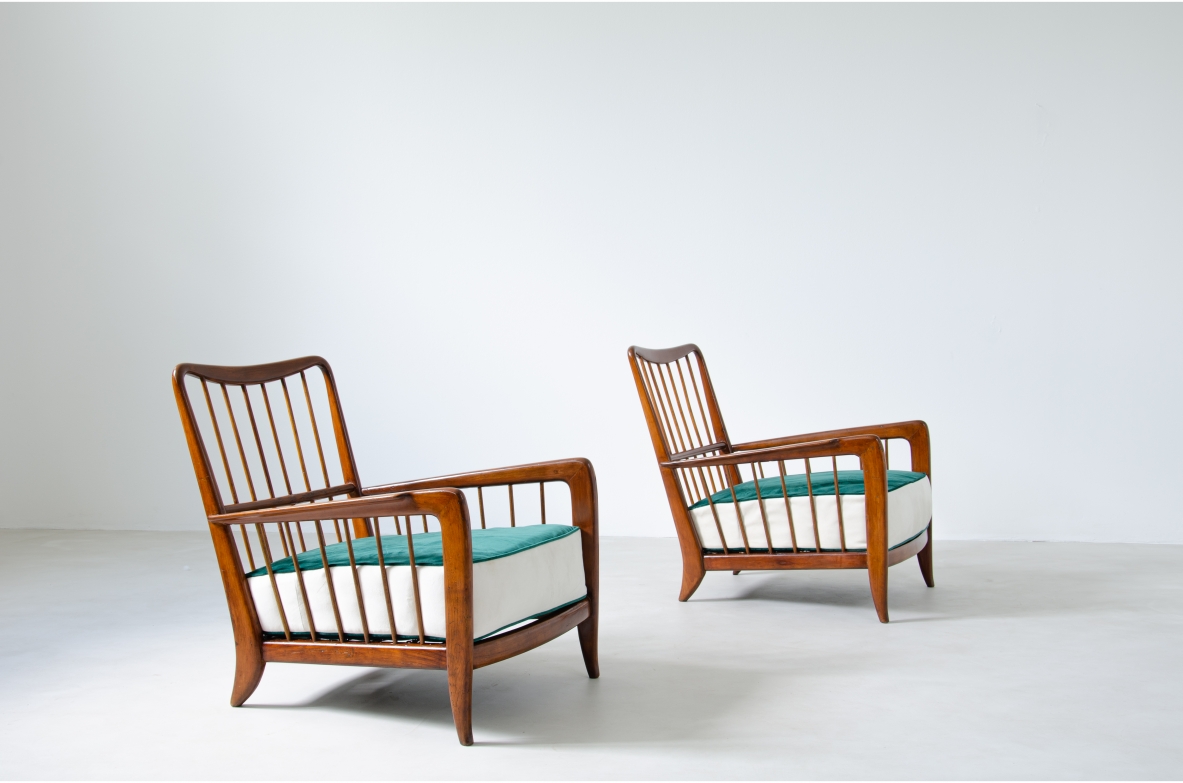Paolo Buffa, rare 1940's pair of armchairs in cherry wood with upholstered seat and back.