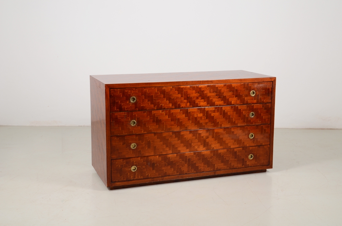 Italian 1970's chest of drawers with geometric inlays.