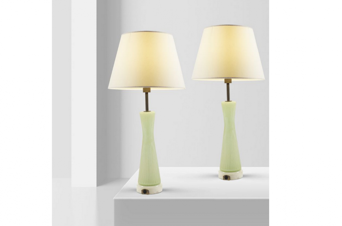 Ercole Barovier, unique pair of 1940's table lamps with light green and gold Murano glass stem.