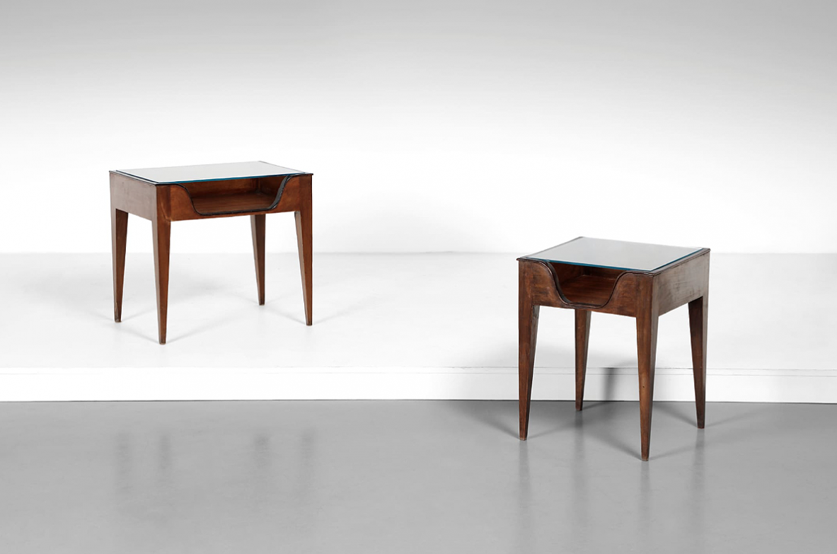 Gio Ponti, 1950's pair of side tables in walnut with glass top.