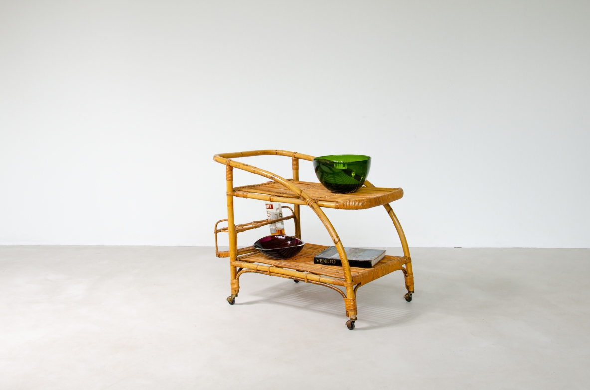 Food trolley in rush and rattan, Italy 1960's.