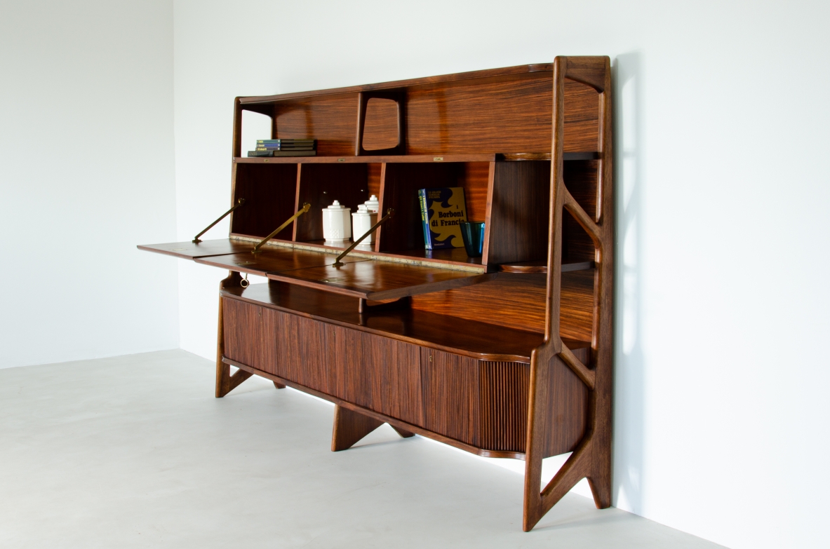 Ico Parisi, high cabinet with three central flap compartments and ribbed wood doors.