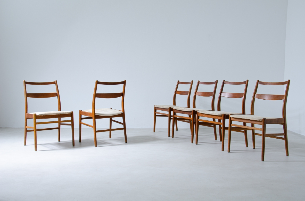 Nils Jonsson, set of six 1960's chairs with wooden frame and fabric upholstery.