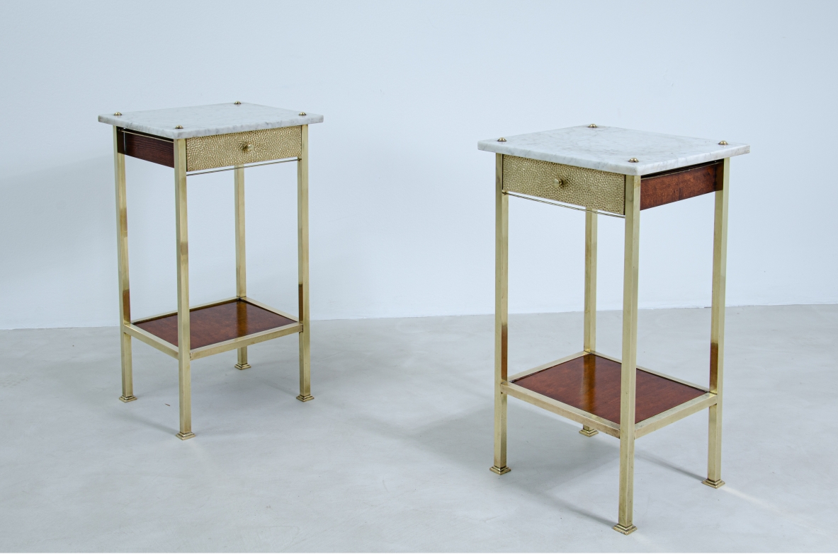 Pair of brass and wood bedside tables with marble tops.  Italy, 1920s / 1930s.