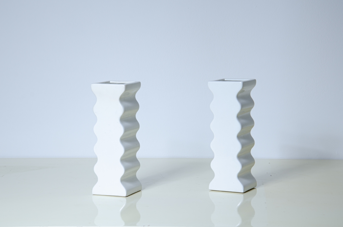 Ettore Sottsass, pair of vases from the 'Onde' series in white majolica.  Produced by Società Ceramica Toscana for Il Sestante, Milan, 1969.