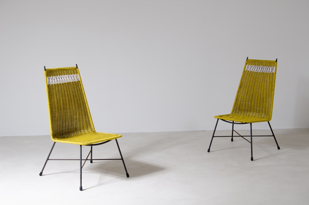 Pair of armchairs with iron structure and interweaving in rubber and rush wire.  Prod. Saporiti 1950s.