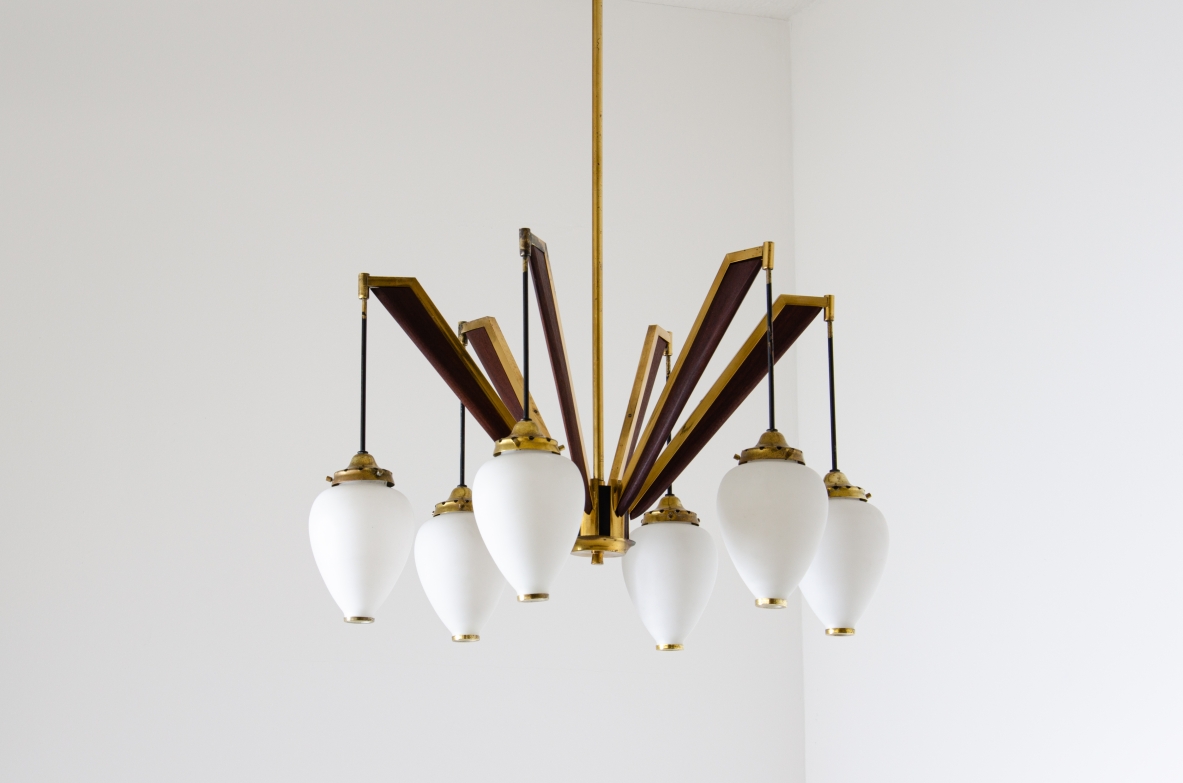 Stilnovo, six-light chandelier with drop-shaped opaline glass diffusers with brass ends.