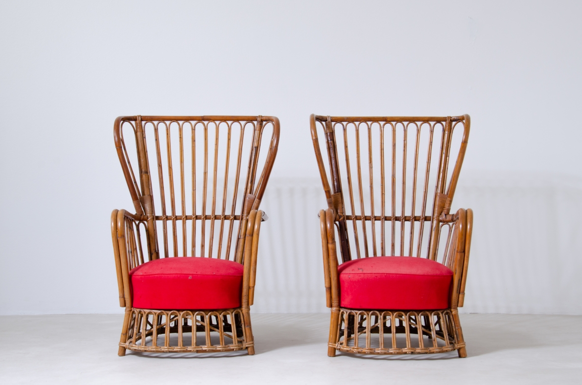 Pair of rattan armchairs with original padded and upholstered seat.  Italian manufacture, 1950s.