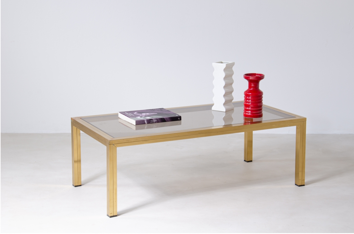 Romeo Rega, coffee table in chromed metal and brass, with burnished glass top.