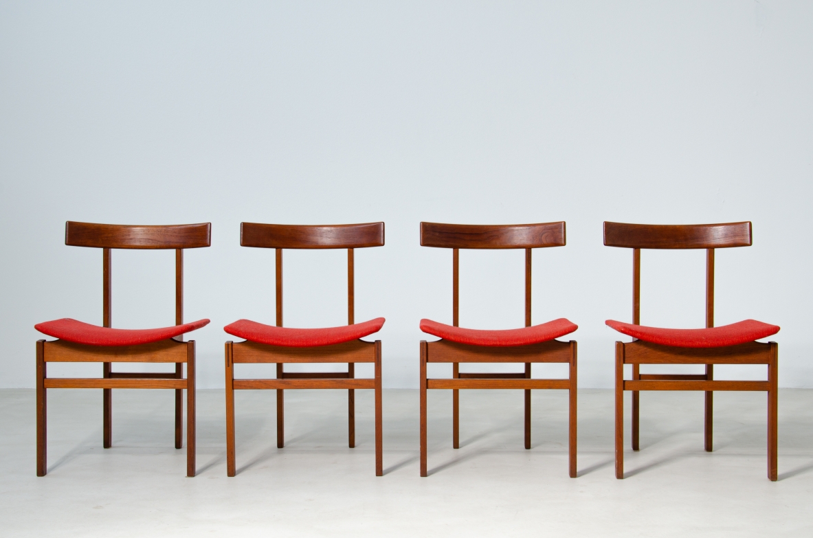 Inger Klingemberg, rare set of 4 chairs Model 193 in wood with original seat upholstery fabric.  Prod. France & Daverkosen, 1960s.