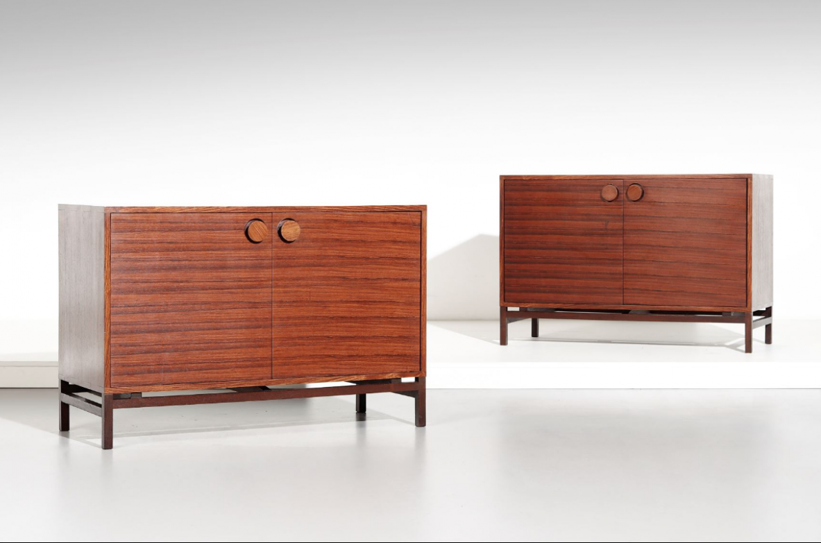 Pair of Danish teak cabinets by Hans Hove and Palle Petersen with turned wooden handles, interior shelves and drawers, circa 1960.