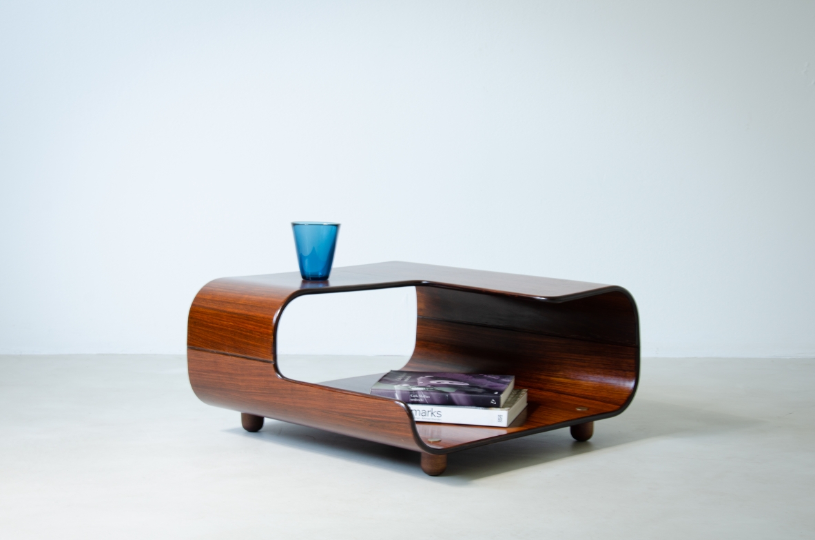 Coffee table in curved wood with double top.  Italian manufacture, 1960s.
