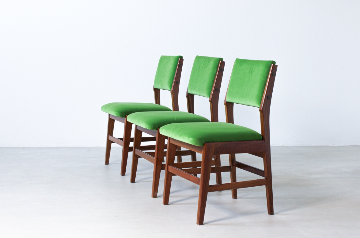 Six chairs with wooden structure and seat and back in padded fabric.  Attribution Gio Ponti 1950s.