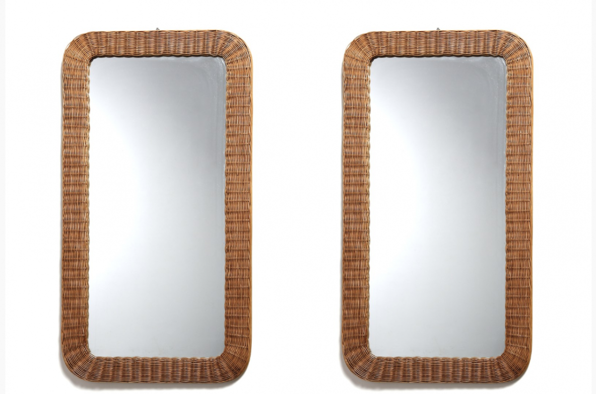 Pair of mirrors in woven cane.  Italian manufacture, 1960s.