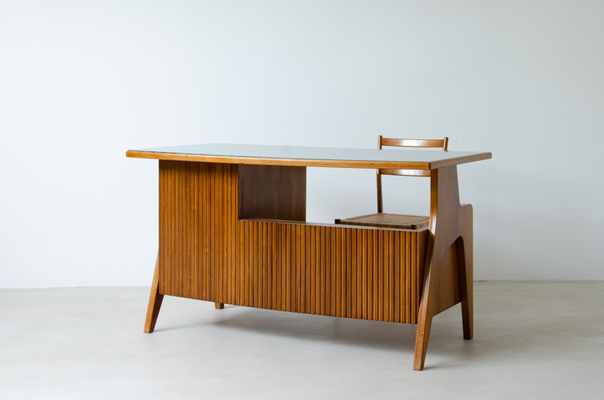 Oak desk with ribbed wood structure and green opaline glass top. Turin school, Italy, 1950's