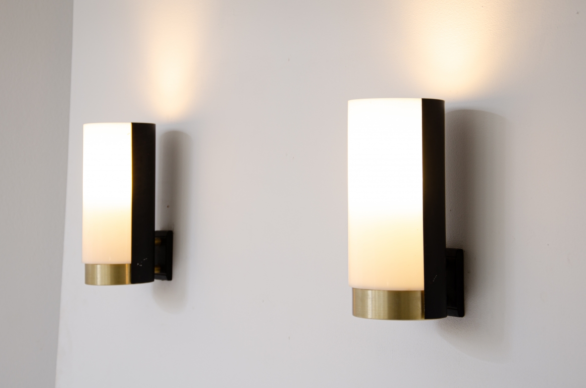 Pair of metal and brass wall lights with curved perplex shade.  Stilux Milan manufacture, 1960's.