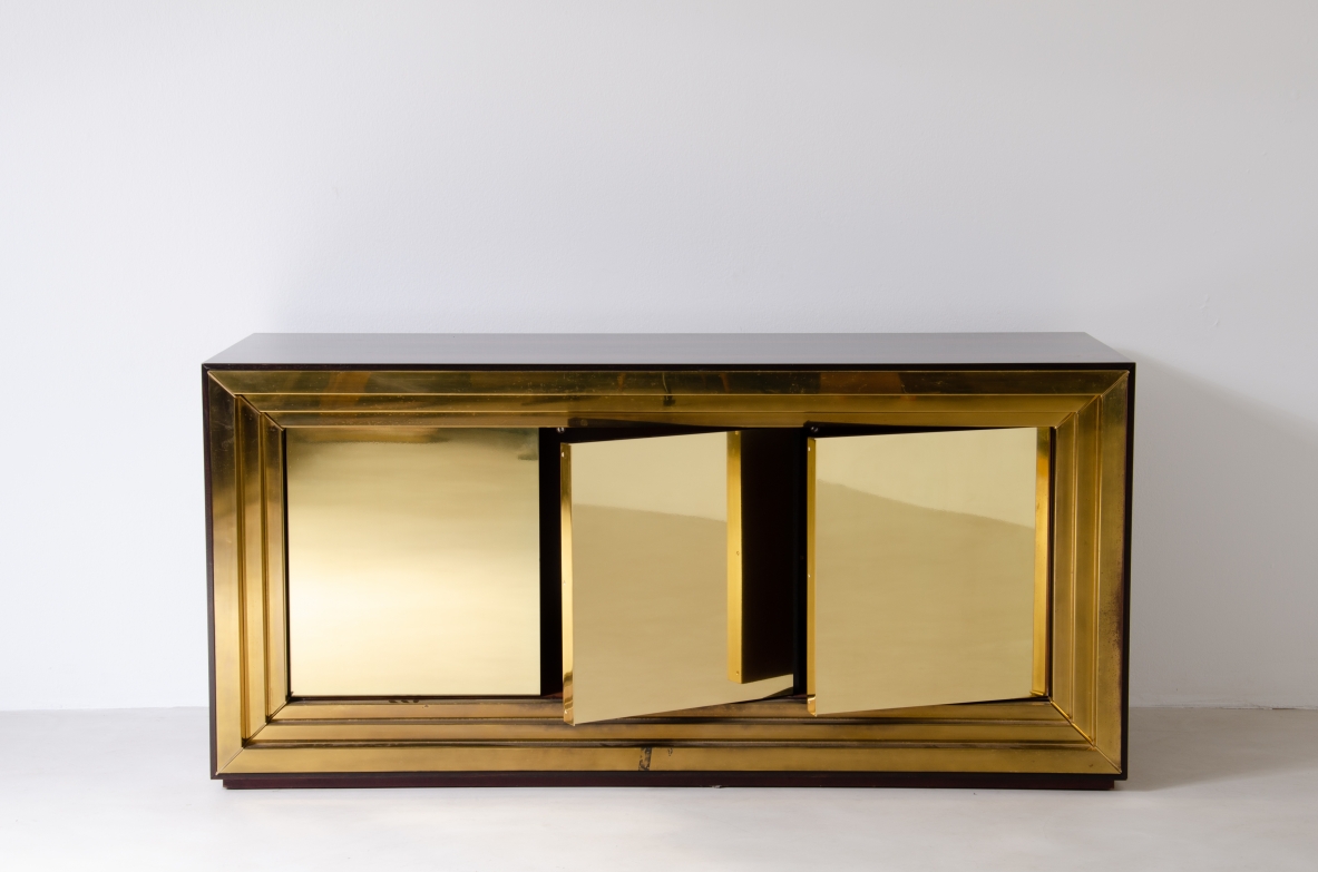 Large one-of-a-kind Luciano Frigerio cabinet with three framed brass doors and exotic wood structure, circa 1970.