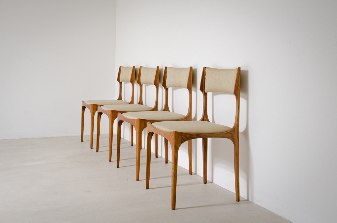 Giuseppe Gibelli  Set of 4 chairs in ash and upholstered fabric.  Sormani Manufacture, 1963.