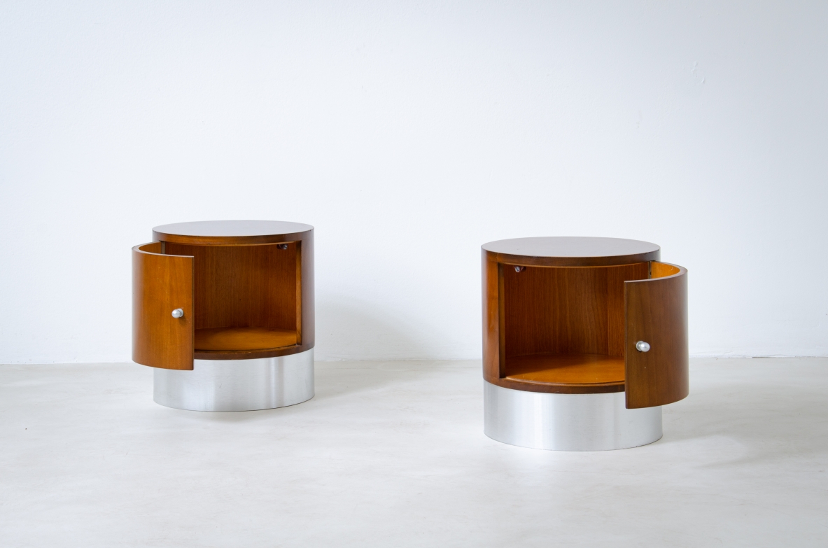 Pair of wooden cylinder bedside tables with polished metal base.  Italian manufacture, 1960's.