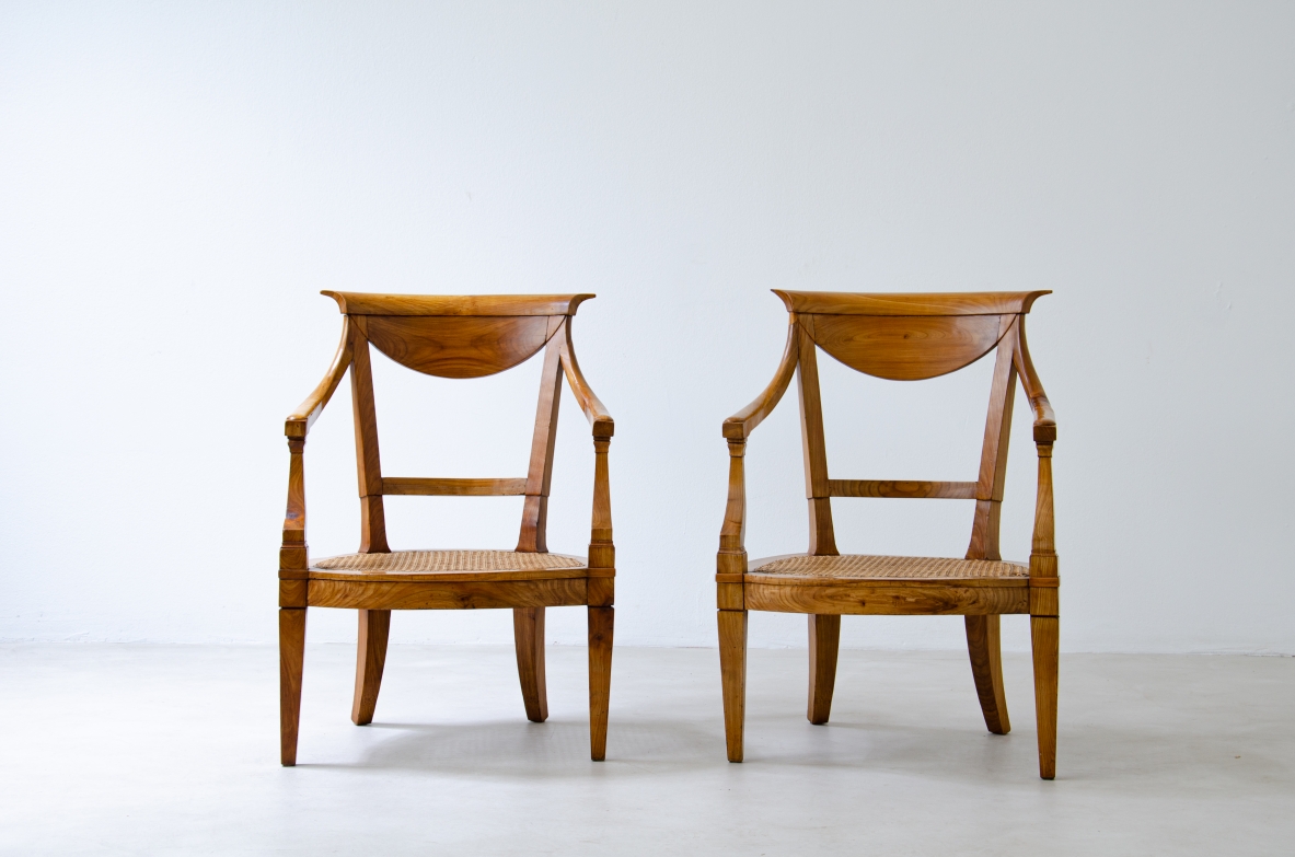 Pair of cherry wood armchairs with Vienna straw seat. Directorate period, Genoa, around 1790.