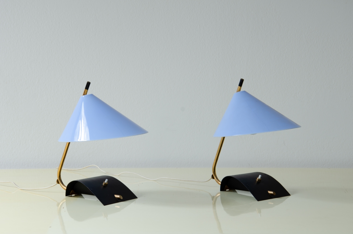 Pair of rare table lamps in metal and brass. Stilnovo production, 1950's