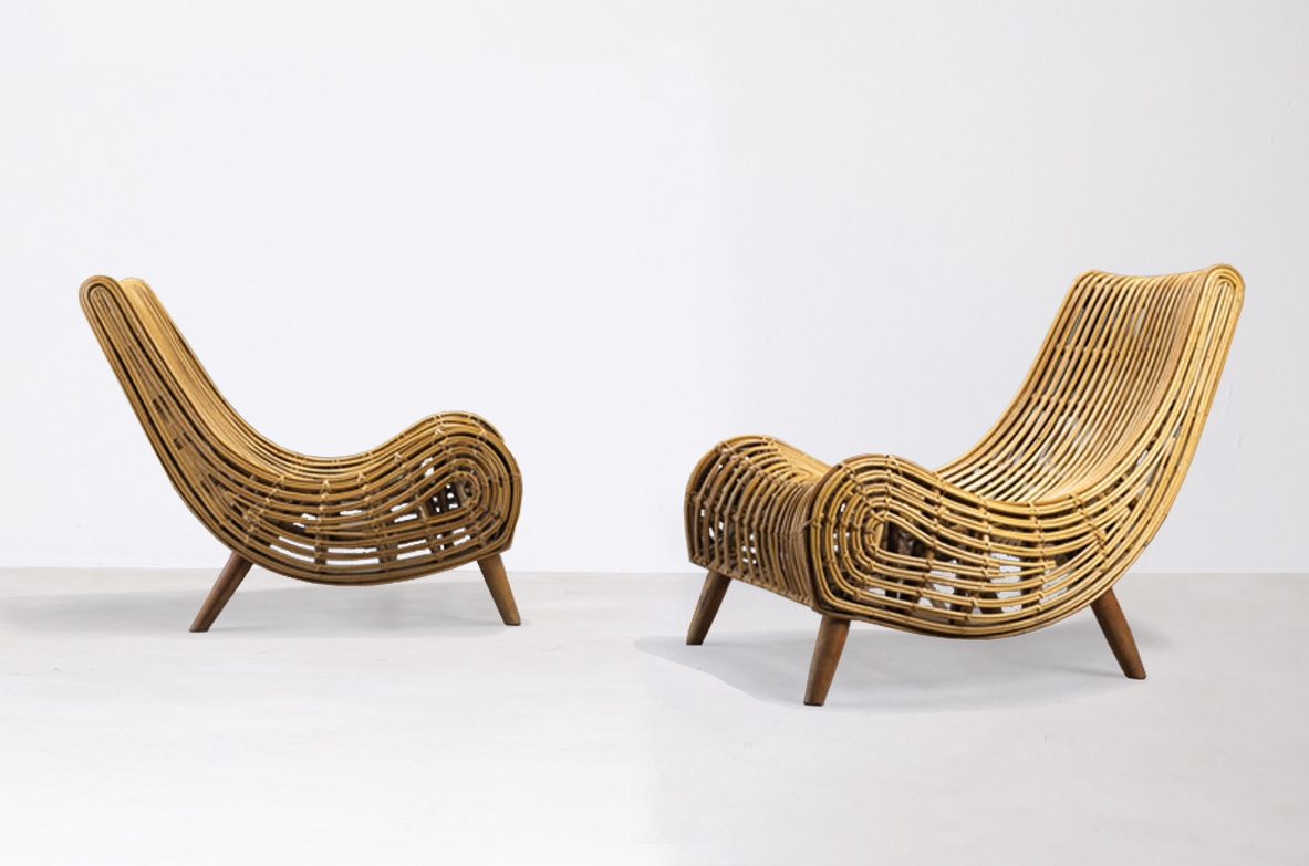 Splendid pair of rattan armchairs. Italian manufacture, 1960's